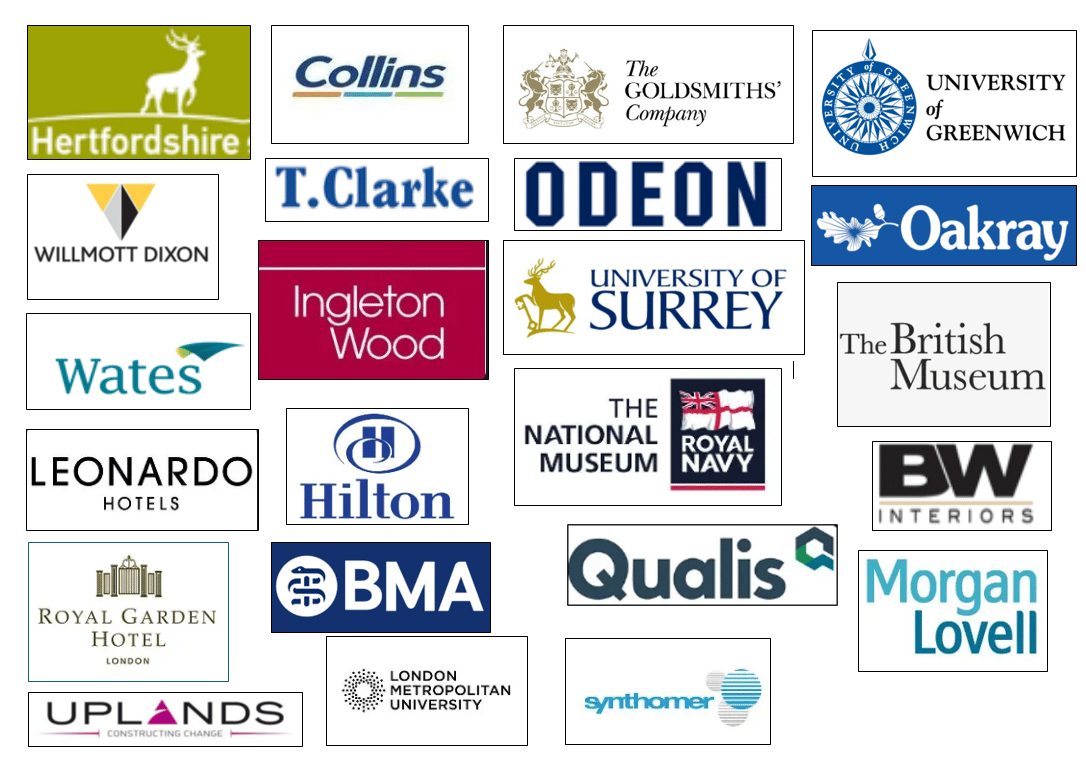 PCL Limited customers and partners including Hertfordshire, Willmott Dixon, Wates, University of Greenwich, The British Museum, Hilton, and others